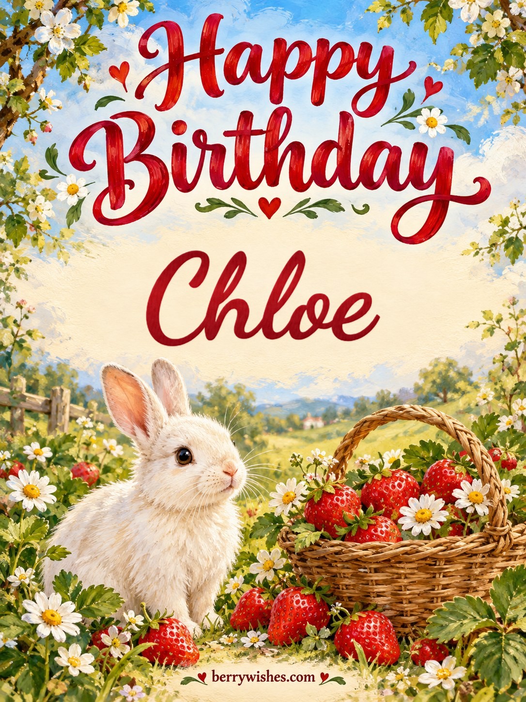 Bunny and Strawberries Happy Birthday Image
