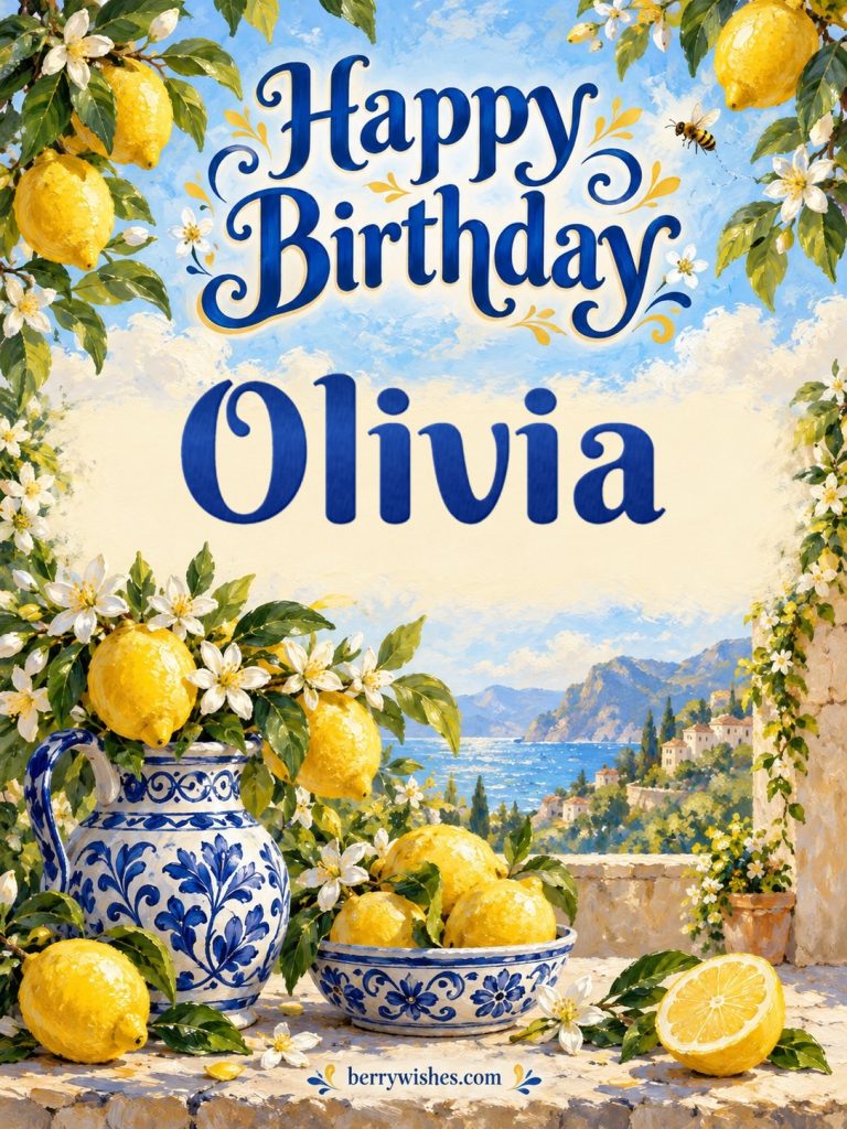 Lemons and Blue Porcelain Happy Birthday Image