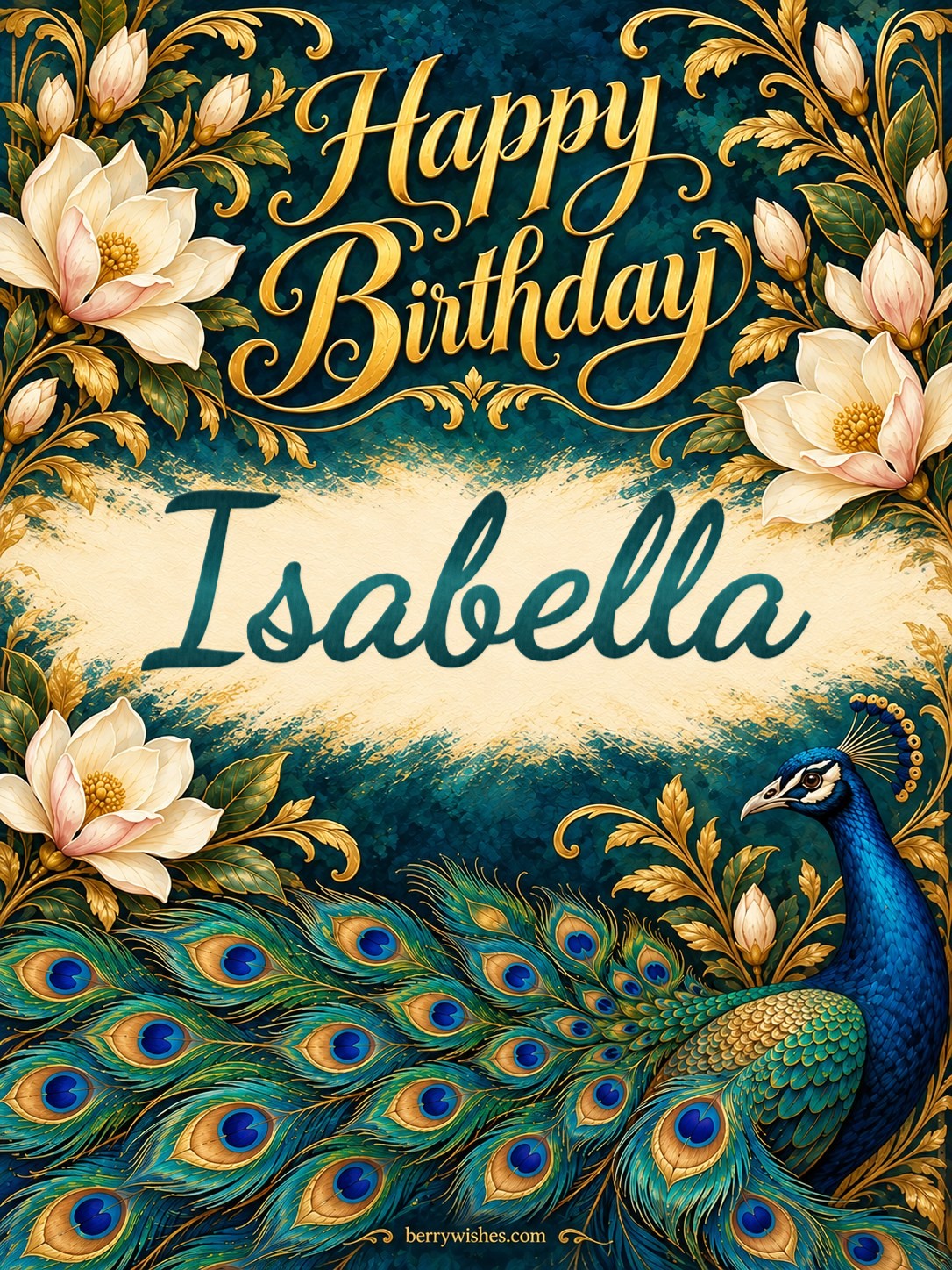 Peacock and Magnolia Happy Birthday Image