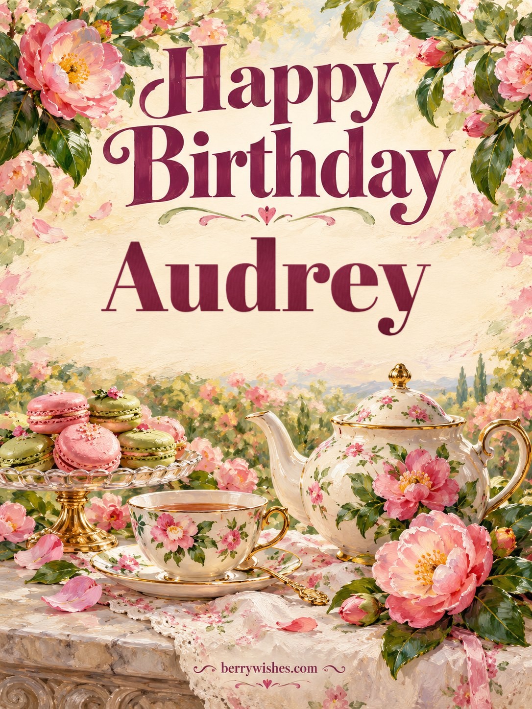 Pink Roses and Tea Set Happy Birthday Image