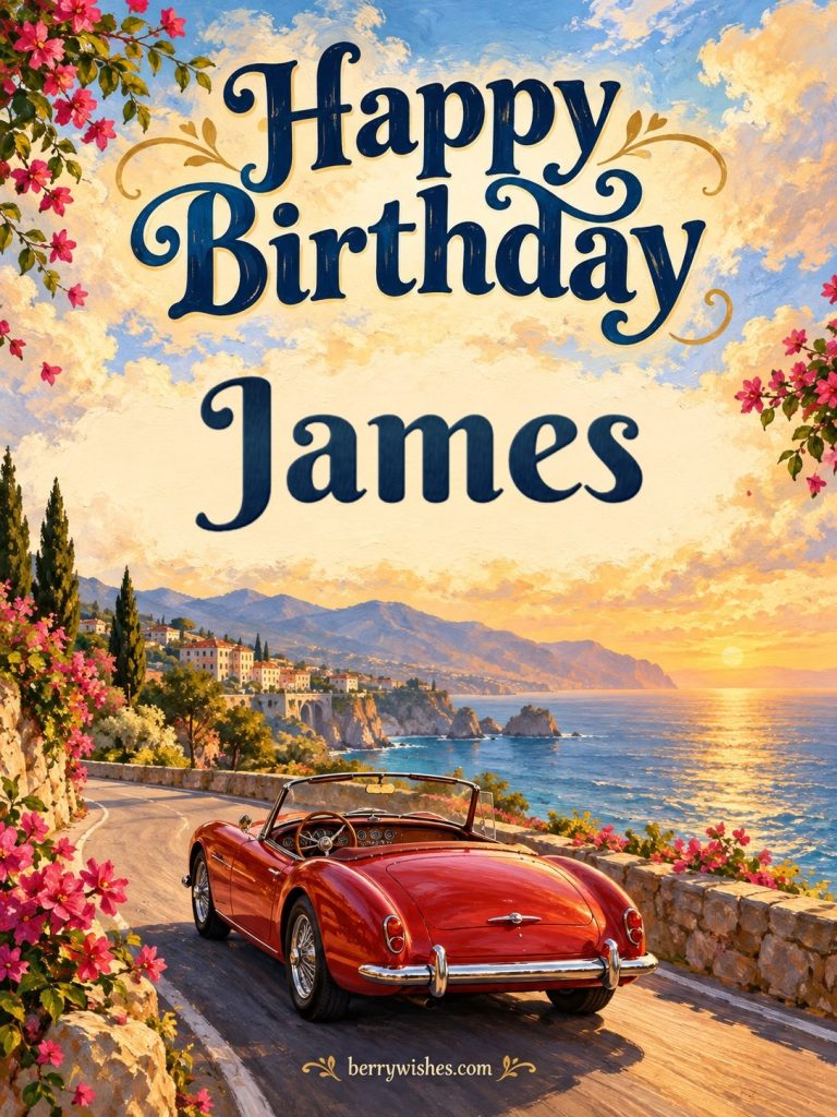 Red Roadster on the Coast Happy Birthday Image