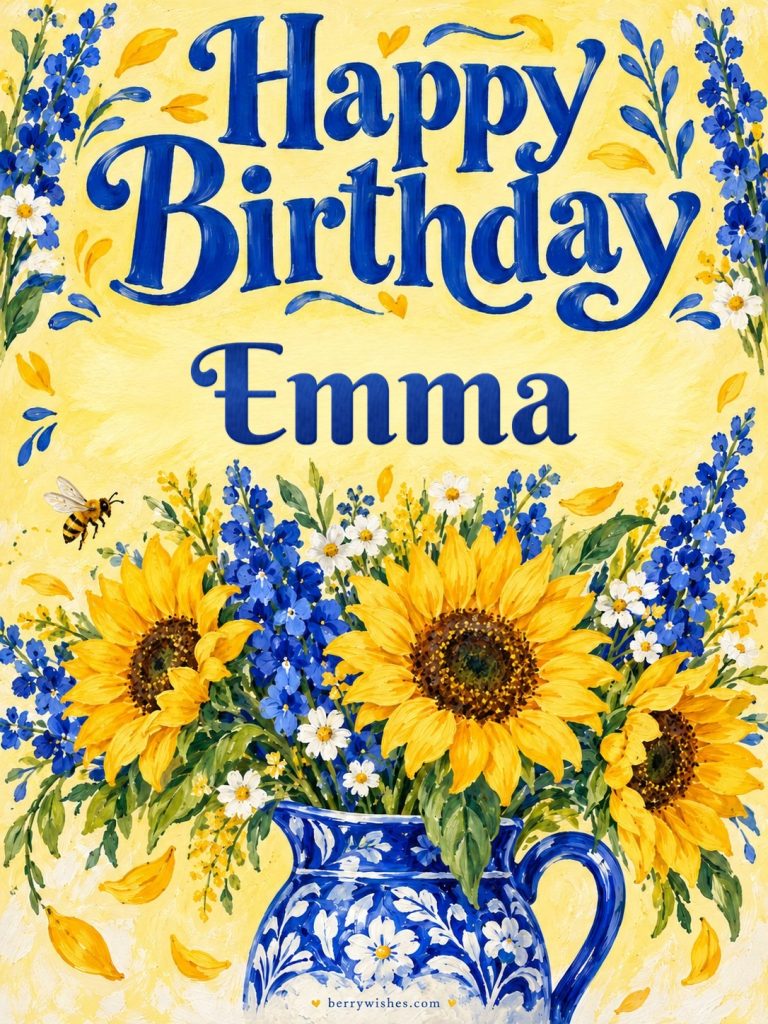 Sunflowers and Delphiniums Happy Birthday Image