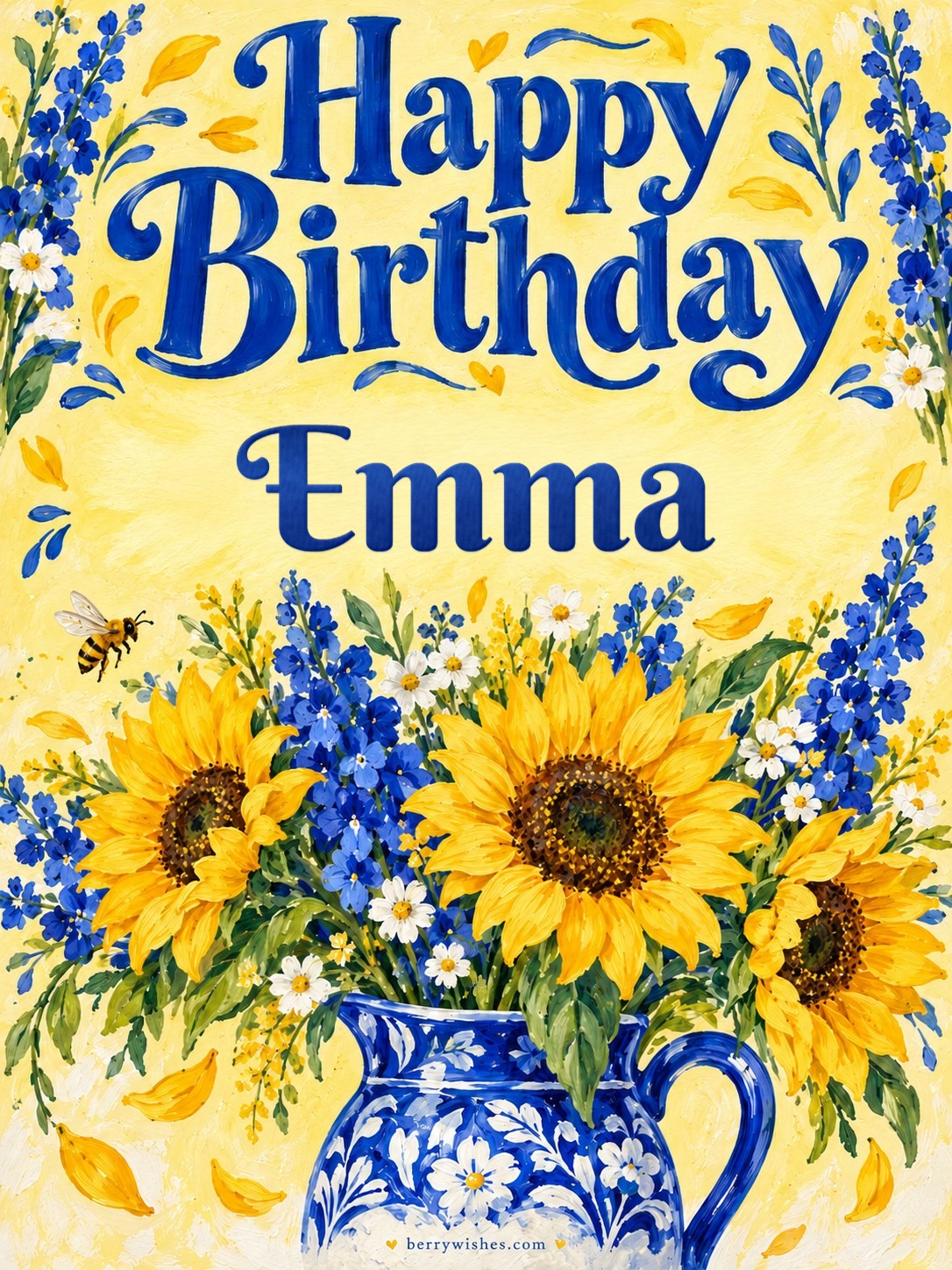 Sunflowers and Delphiniums Happy Birthday Image