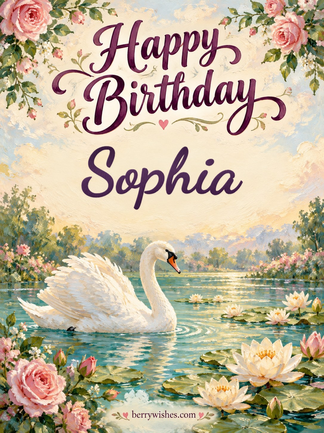 Swan and Water Lilies Happy Birthday Wishes Image